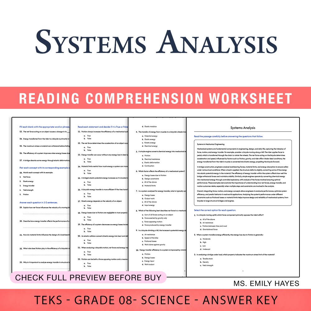 Grade 8 Science worksheet worksheet — 8th Grade Science | Systems Analysis Worksheet (PDF+ Answer Key) — page 1