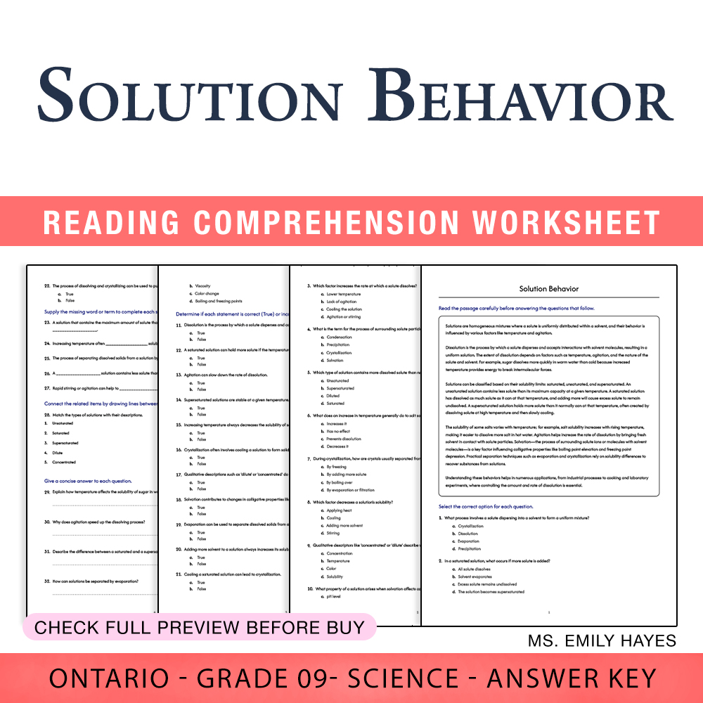 Grade 9 Science worksheet worksheet — Grade 9 Science | Solution Behavior Worksheet (PDF + Answer Key) — page 1