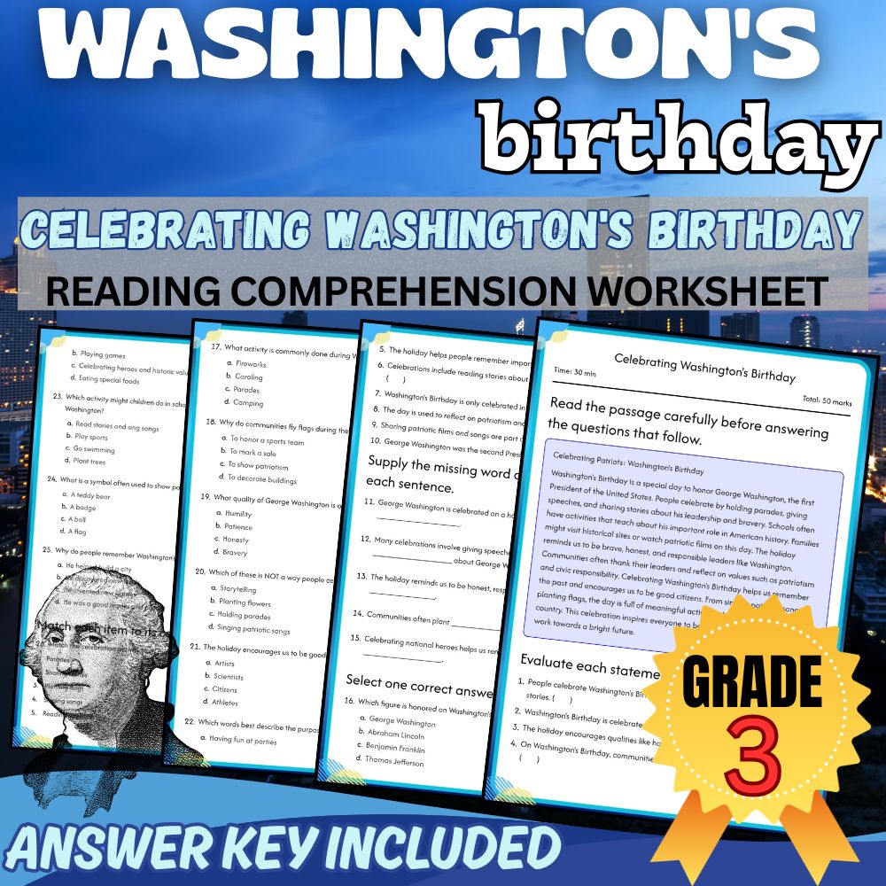 Grade 3 Holiday Worksheet | Celebrating Washington's Birthday | PDF + Answer Key