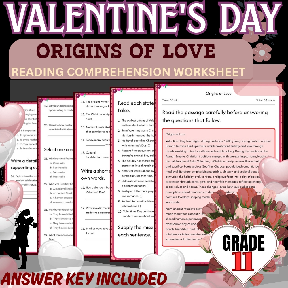 Grade 11 Holiday Unit | Valentine’s Day Worksheets  (Answer Keys Included) — included worksheet 2