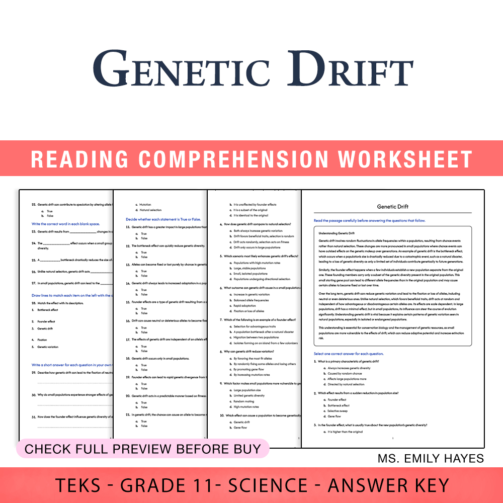 Grade 11 Science worksheet worksheet — Grade 11 Science | Genetic Drift Worksheet (PDF+ Answer Key) — page 1