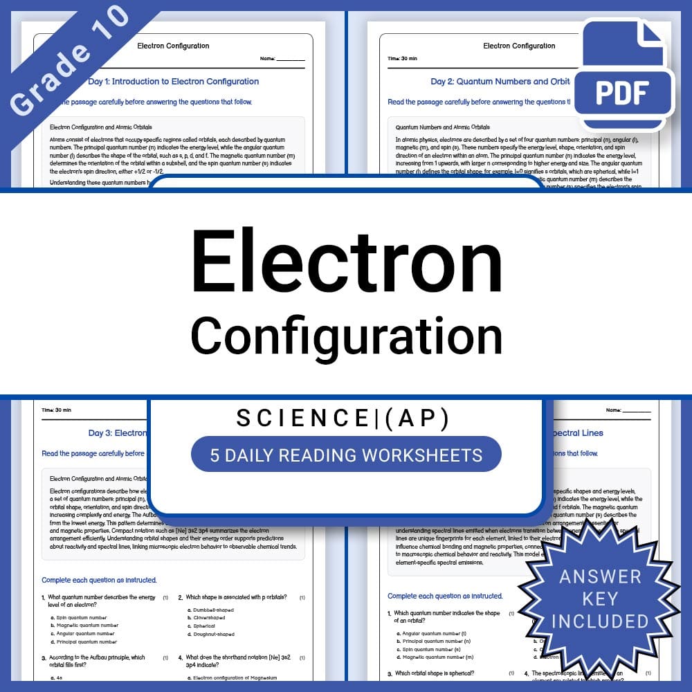 Grade 10 Science daily reading worksheet worksheet — Grade 10 Science – Electron Configuration Daily Reading Worksheet + A…