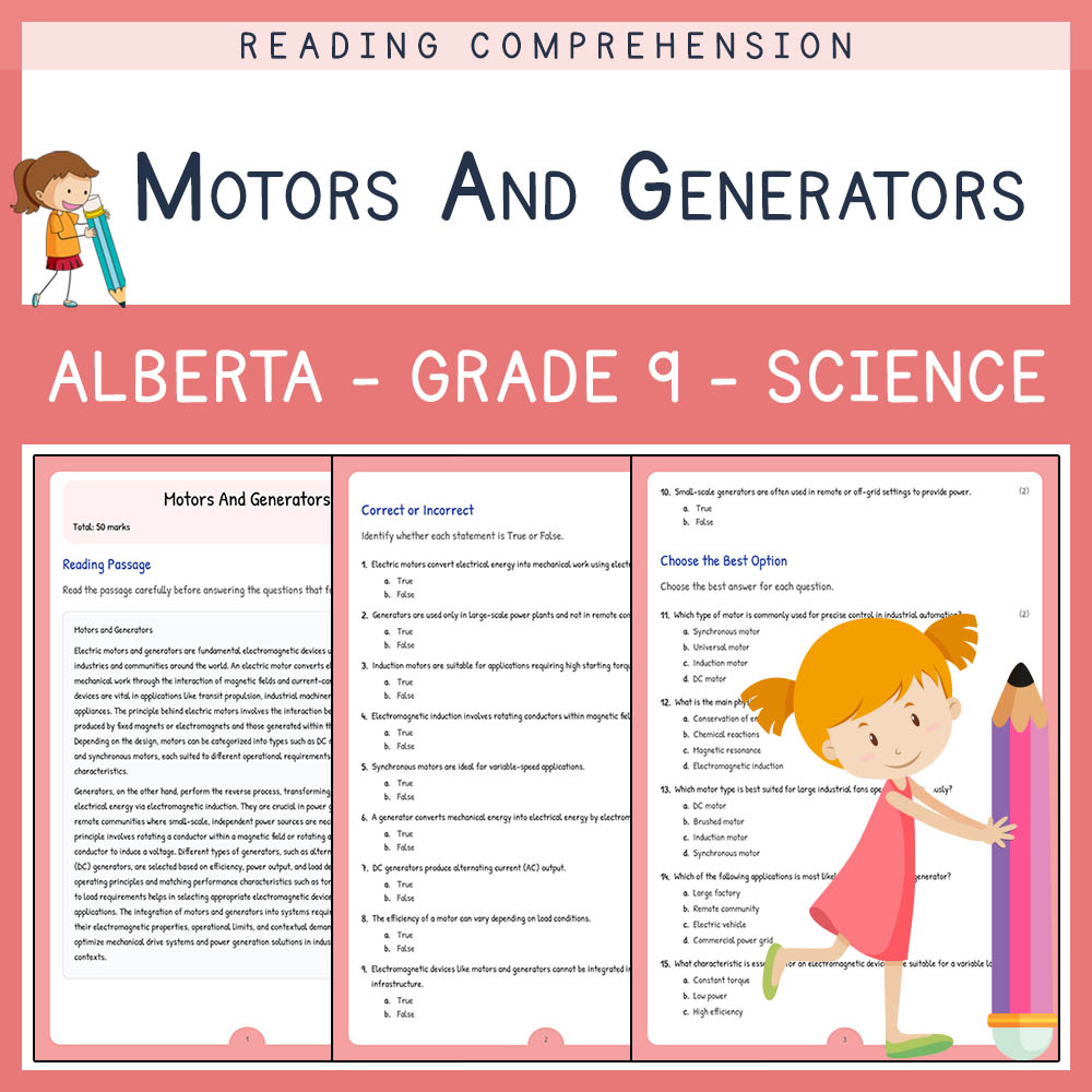 Grade 9 Science worksheet elena worksheet — Grade 9 Science | Motors and Generators Worksheet | Alberta Standard — page 1
