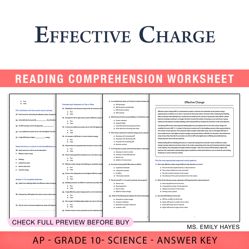 Grade 10 Science worksheet worksheet — 10th Grade Science | Master Effective Nuclear Charge Worksheet (PDF+ Answer Key) —…