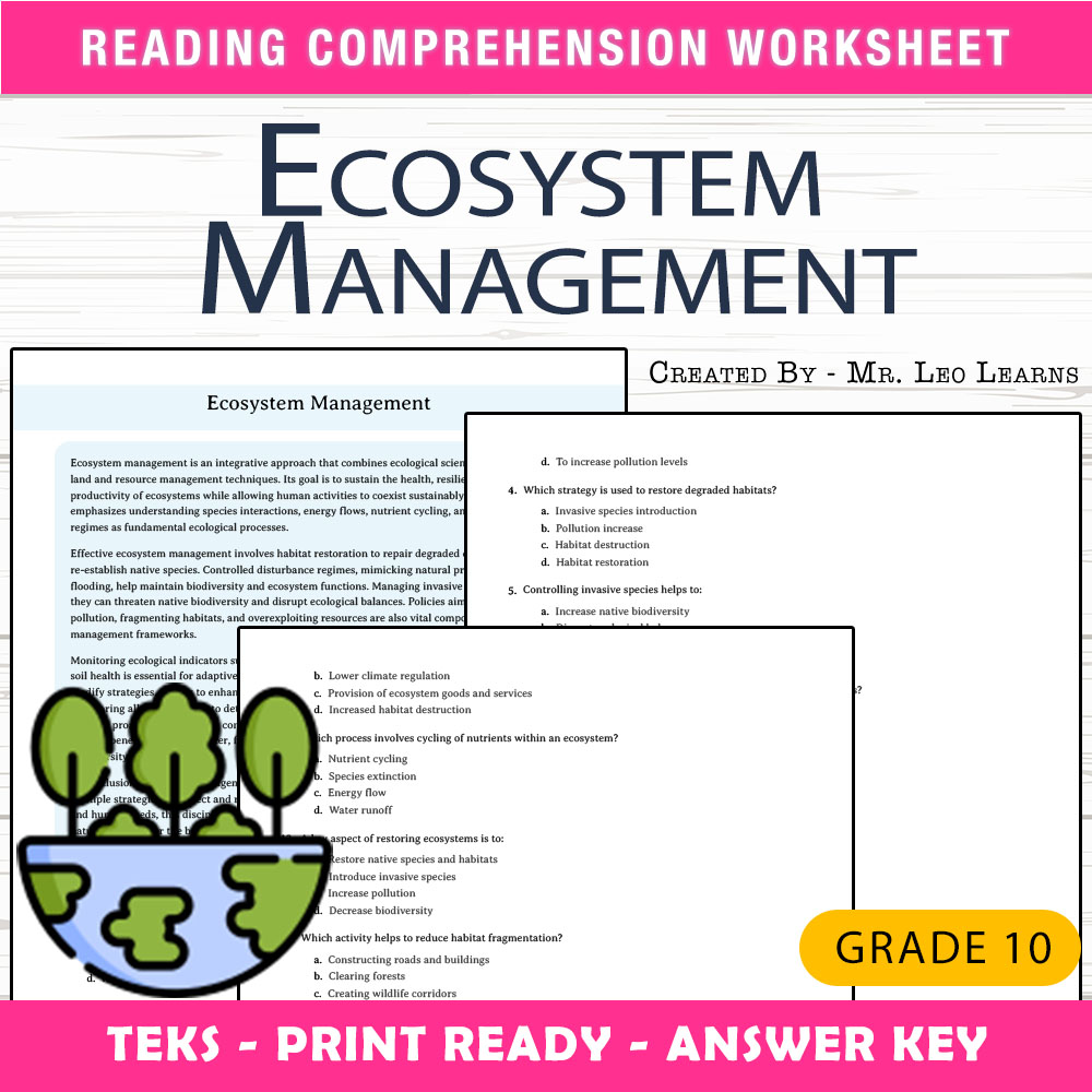 Grade 10 Science worksheet worksheet — Grade 10 Science – Ecosystem Management Worksheet for Practice — page 1