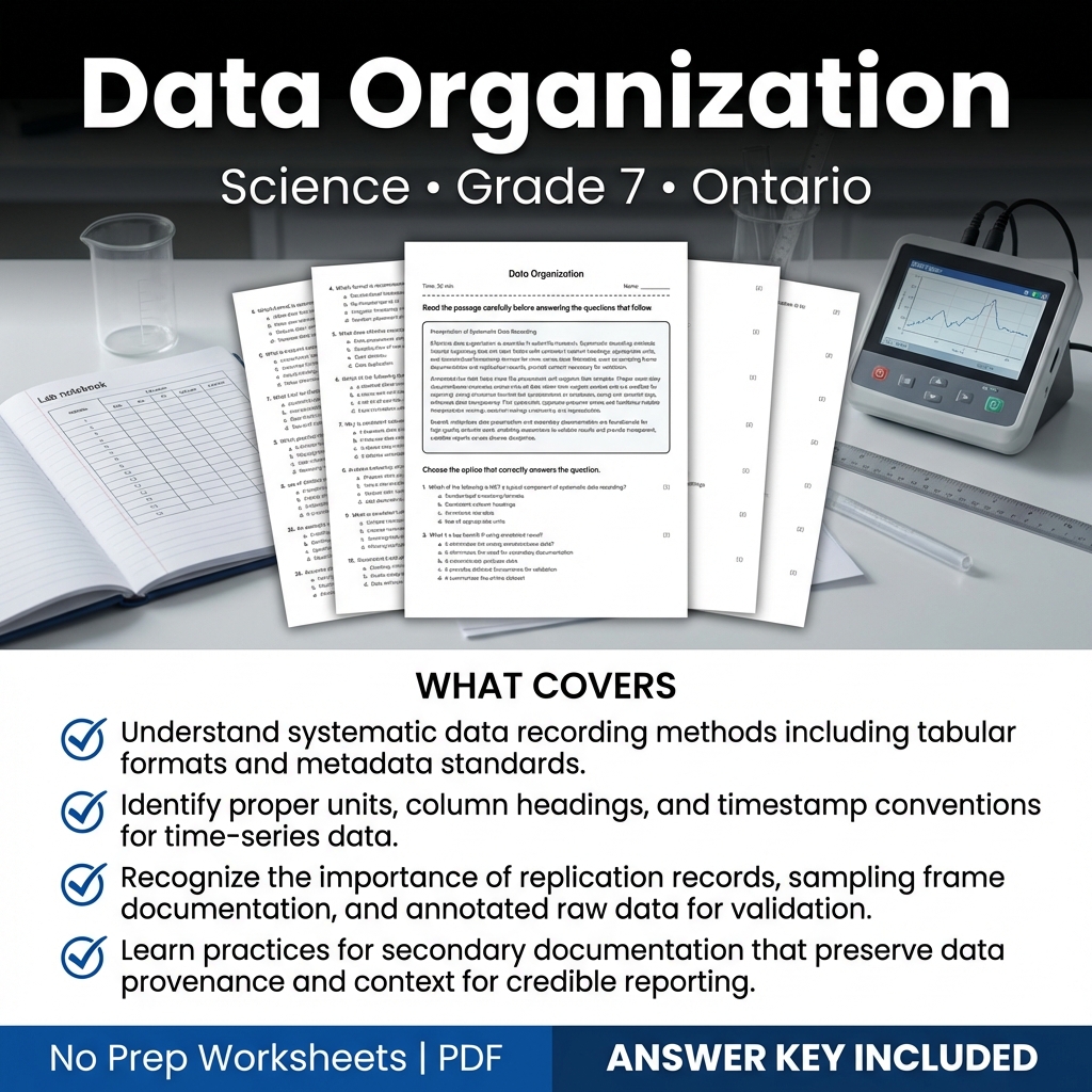 Grade 7 Science Worksheet on Data Organization | Ontario Standards