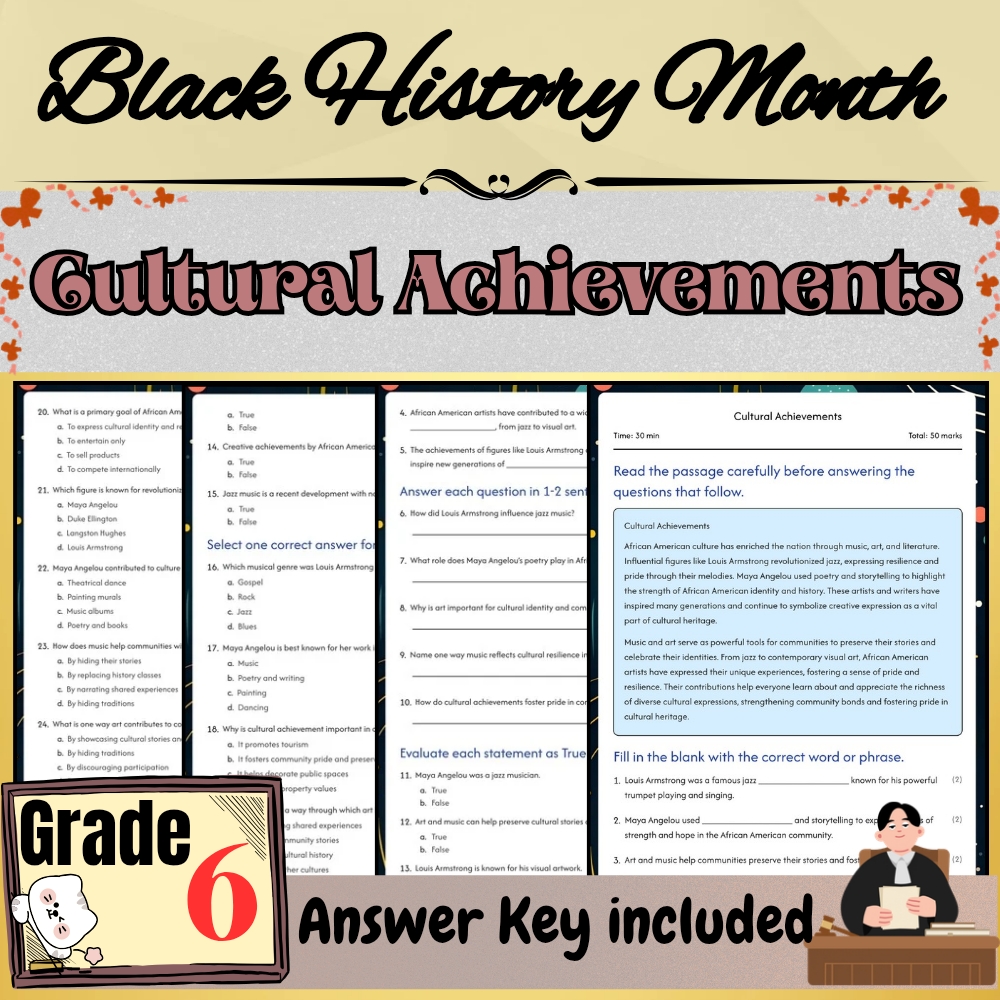 Grade 6 Seasonal Black Friday Worksheet for Cultural Achievements|PDF+Answer Key