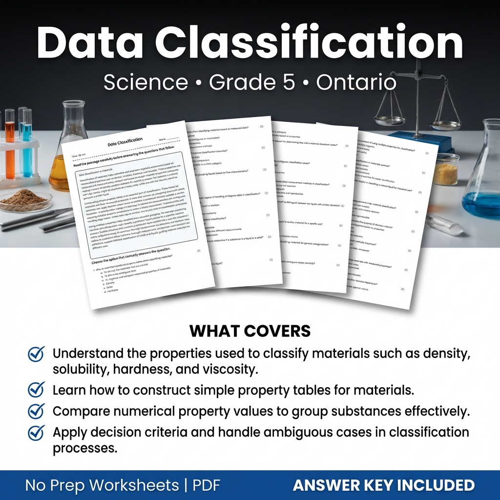 Grade 5 Science Worksheet on Data Classification – Ontario Standards
