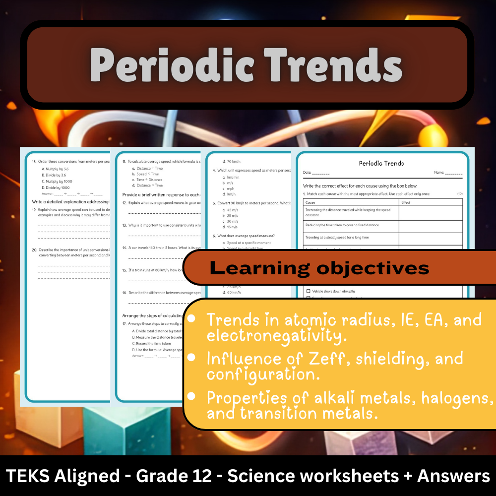 Grade 12 Science | Periodic Trends Worksheet + Answer Key | TEKS Aligned