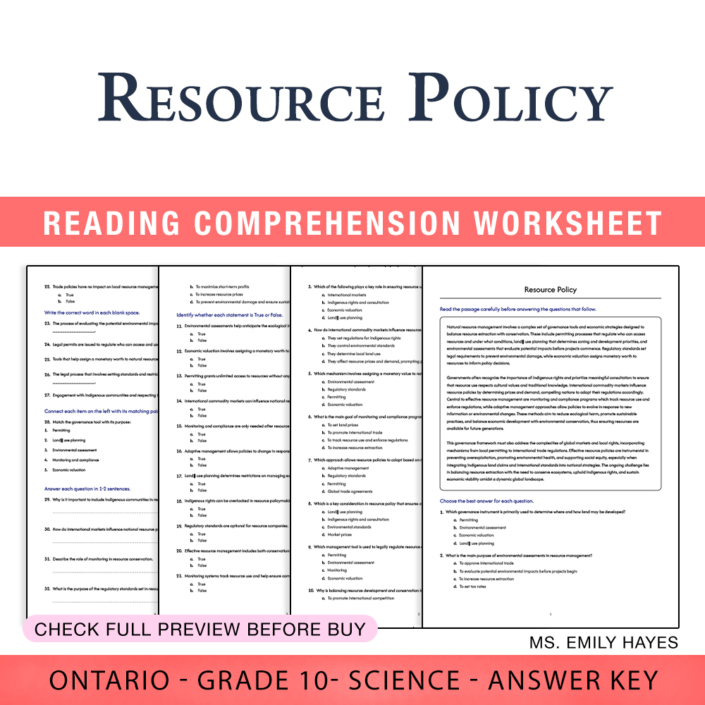 Grade 10 Science worksheet worksheet — 10th Grade Science | Resource Policy Worksheet (PDF + Answer Key) — page 1