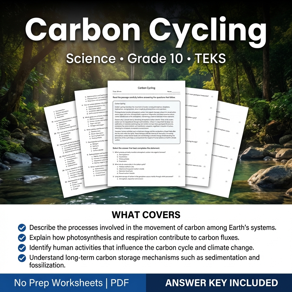 Carbon Cycling Worksheet for Grade 10 Science | TEKS Standard Practice
