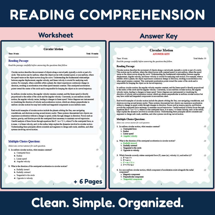 Grade 10 Science reading worksheets worksheet — Grade 10 Science | Circular Motion Reading Worksheet (PDF + Answer Key) —…
