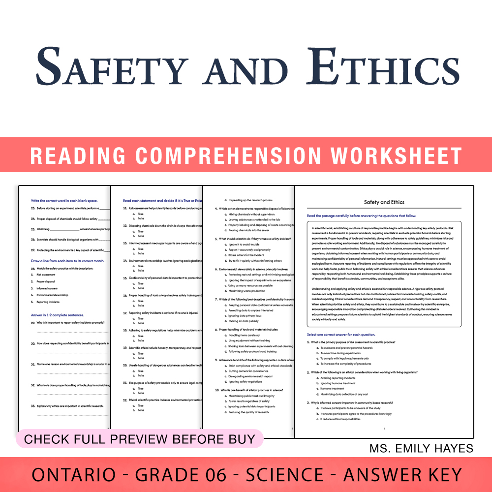 Grade 6 Science worksheet worksheet — 6th Grade Science | Safety and Ethics Worksheet (PDF+ Answer Key) — page 1