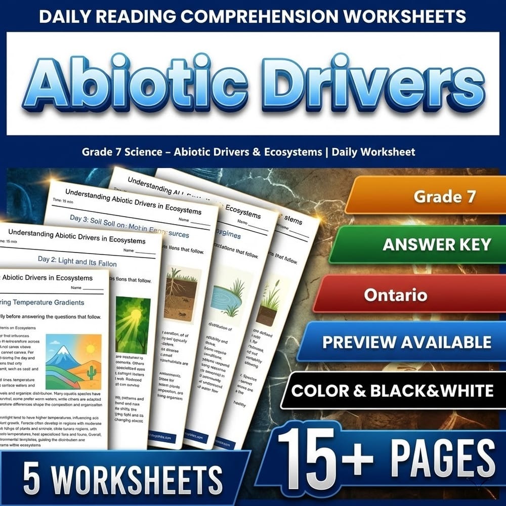 Grade 7 Science daily reading worksheet — Grade 7 Science – Abiotic Drivers & Ecosystems | Daily Worksheet — page 1