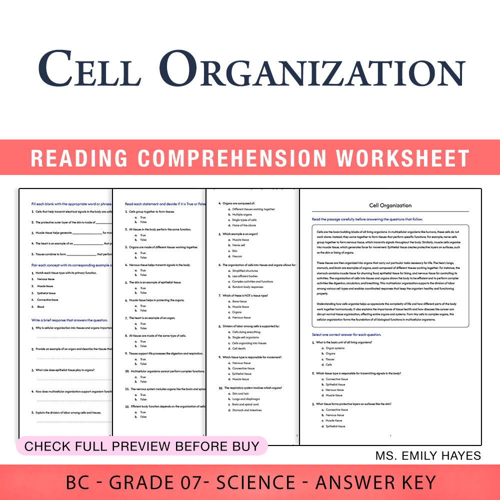 Grade 7 Science worksheet worksheet — Grade 7 Science | Cell Organization Worksheet (PDF+ Answer Key) — page 1