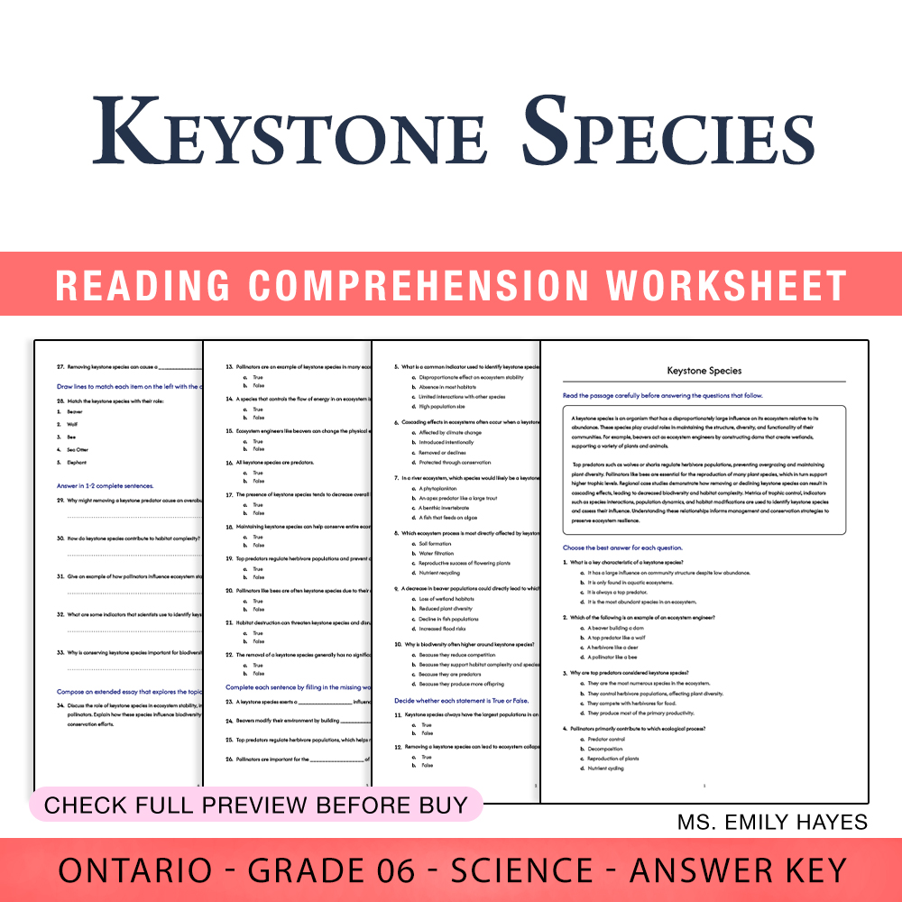 Grade 6 Science — worksheet — 6th Grade Science | Keystone Species Comprehensive Worksheet (PDF+ Answer Key) — page 1