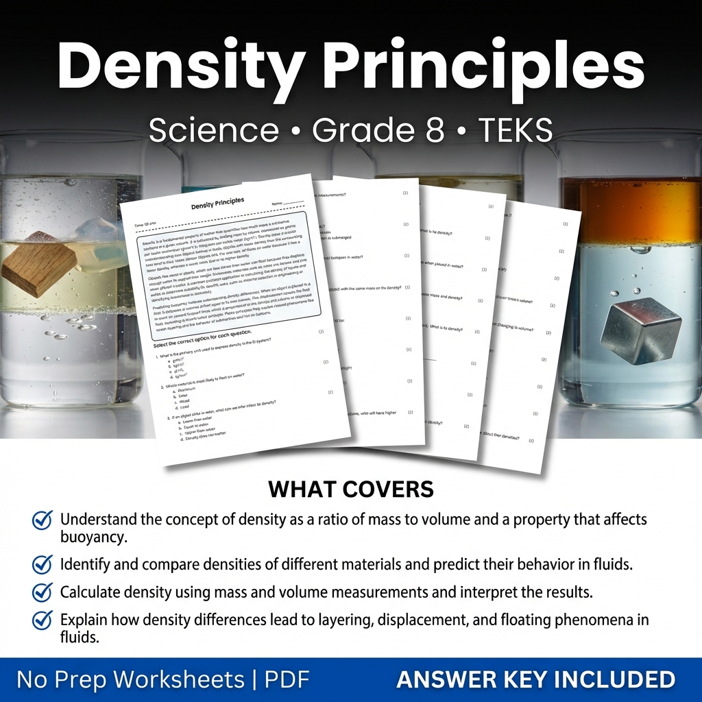 Grade 8 Science Worksheet on Density Principles | Printable Assessment