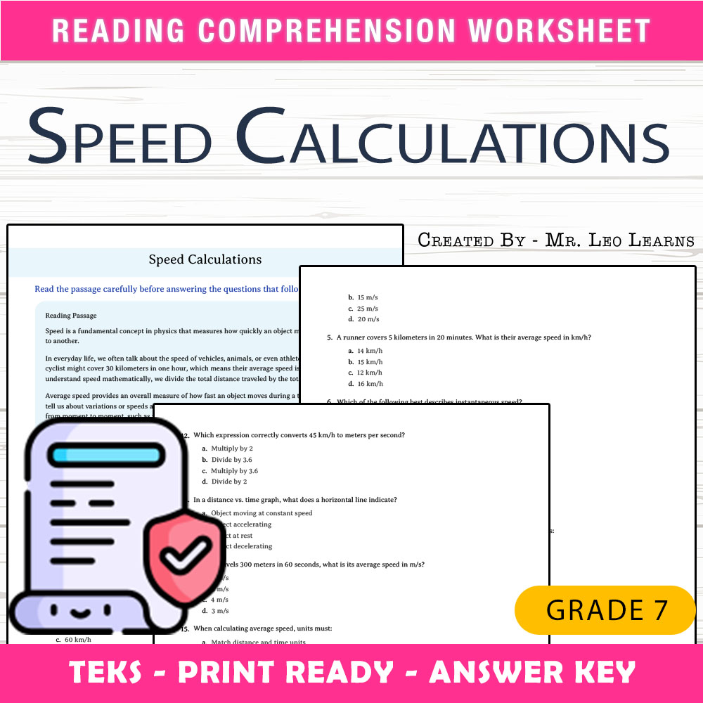 Grade 7 Science worksheet worksheet — Grade 7 Science — Speed Calculations Worksheet for Mastery — page 1