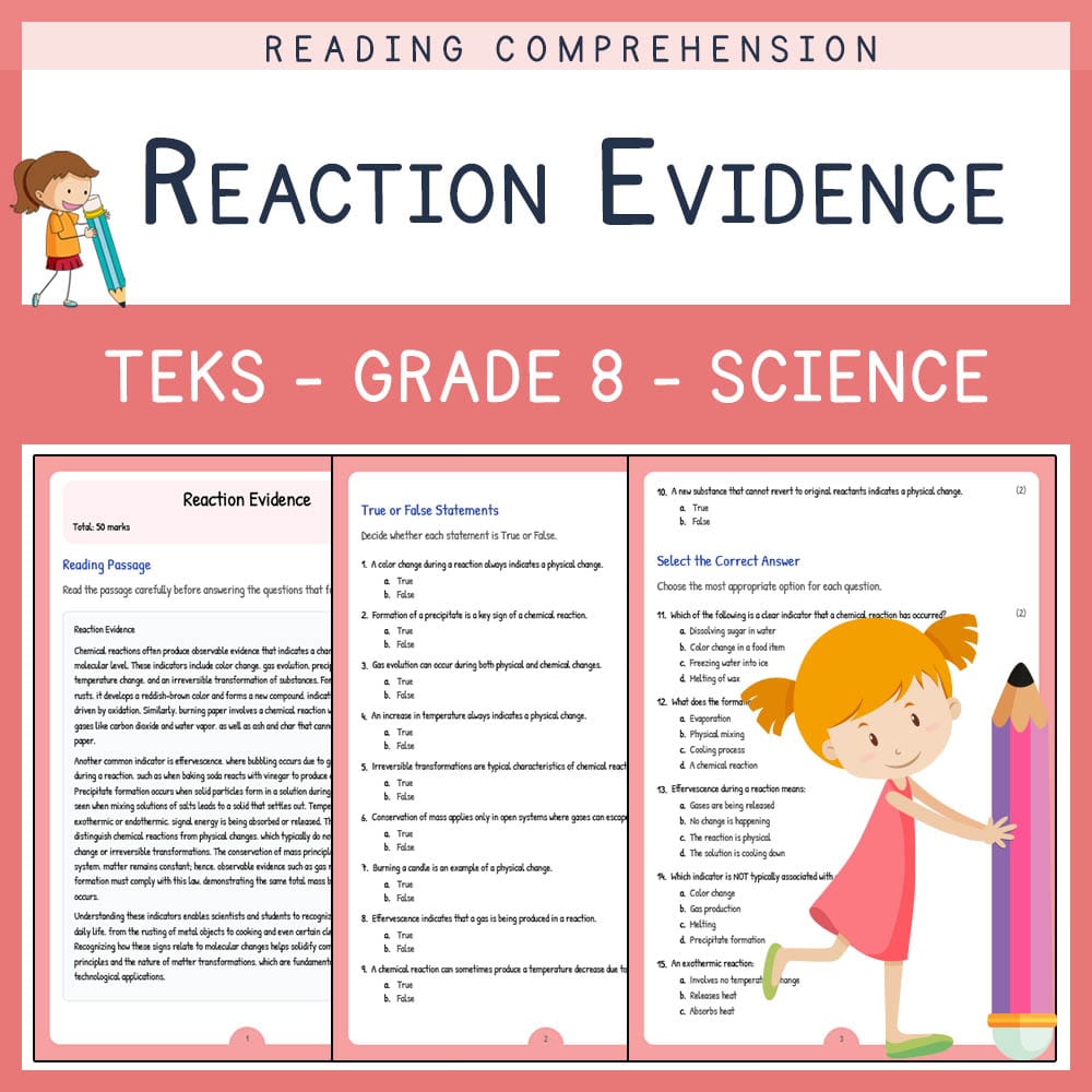 Grade 8 Science worksheet elena worksheet — Grade 8 Science | Reaction Evidence Worksheet Elena | TEKS Aligned — page 1