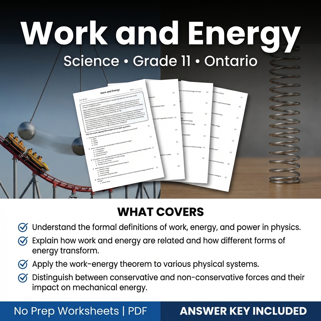 Work and Energy Worksheet for Grade 11 Science | Ontario Standards