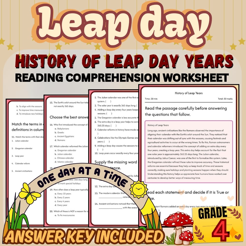 Grade 4 Holiday Leap Day Worksheet Bundle | February Calendar & History — included worksheet 2