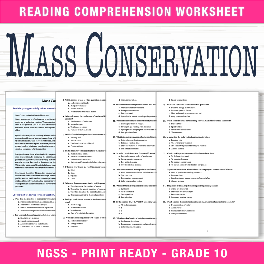 Grade 10 Science worksheet worksheet — Grade 10 Science | Mass Conservation Worksheet (PDF + Answer Key) — page 1