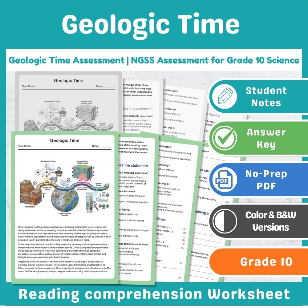 Grade 10 Science assessment worksheet — Geologic Time Assessment | NGSS Assessment for Grade 10 Science