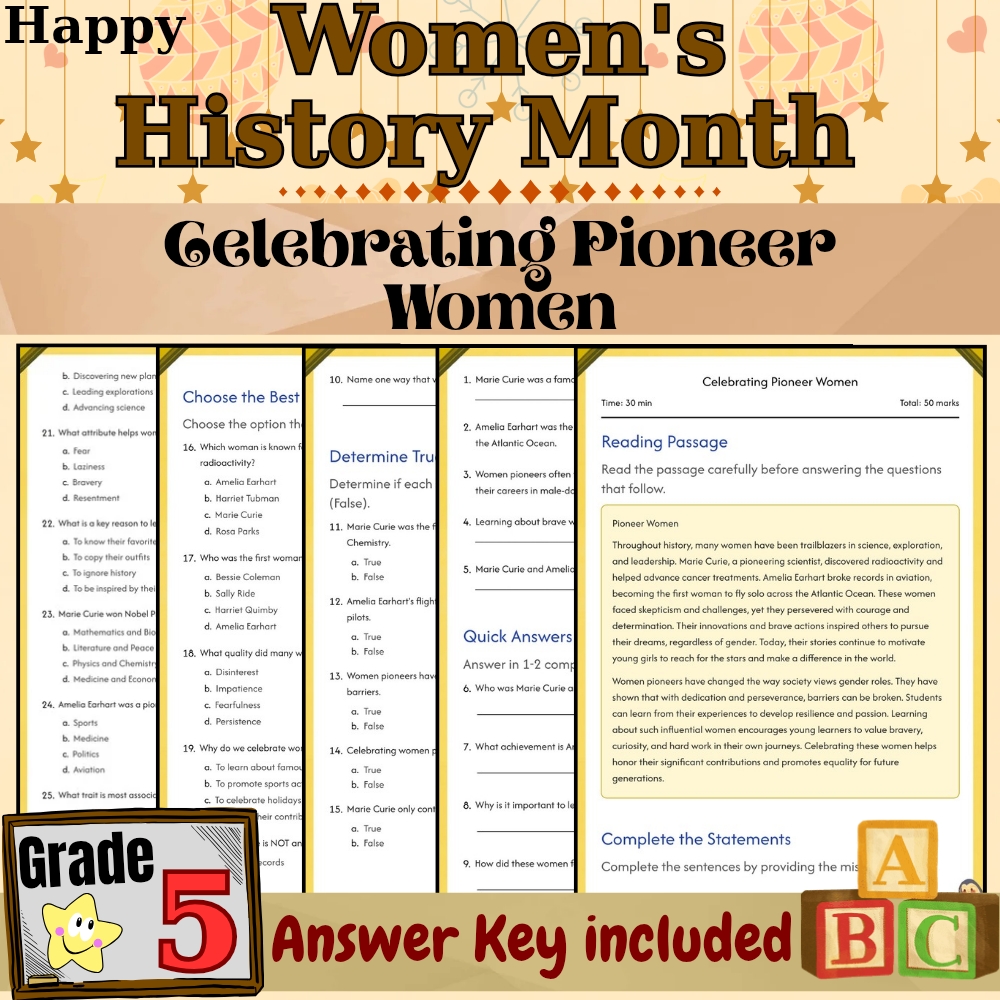 Grade 5 Mother History Month Worksheet| Celebrating Pioneer Women|PDF+Answer Key