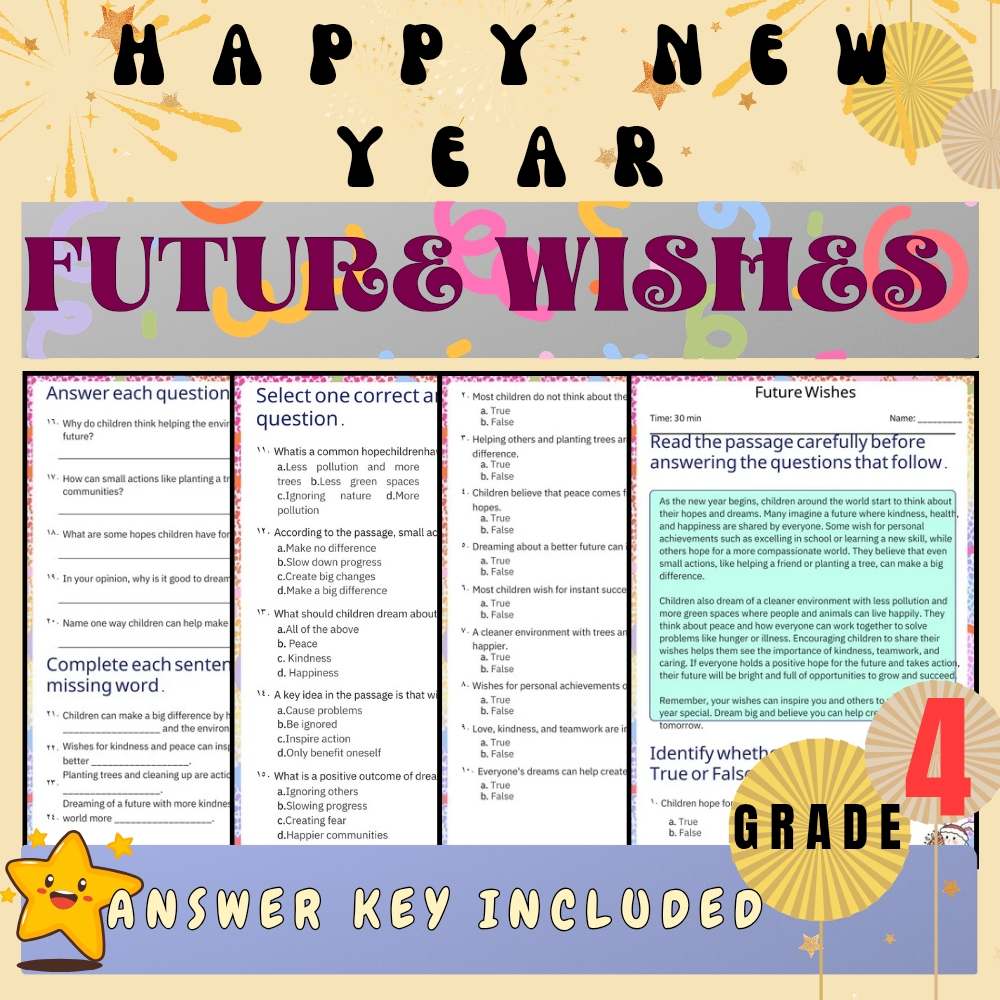 Grade 4 Seasonal Unit | New Year Wishes, Resolutions & Traditions Worksheets — included worksheet 4