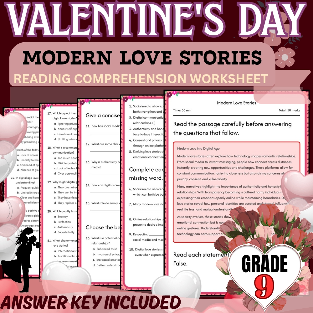 Grade 9 Holiday Unit | Valentine’s Day Worksheets  (Answer Keys Included) — included worksheet 4