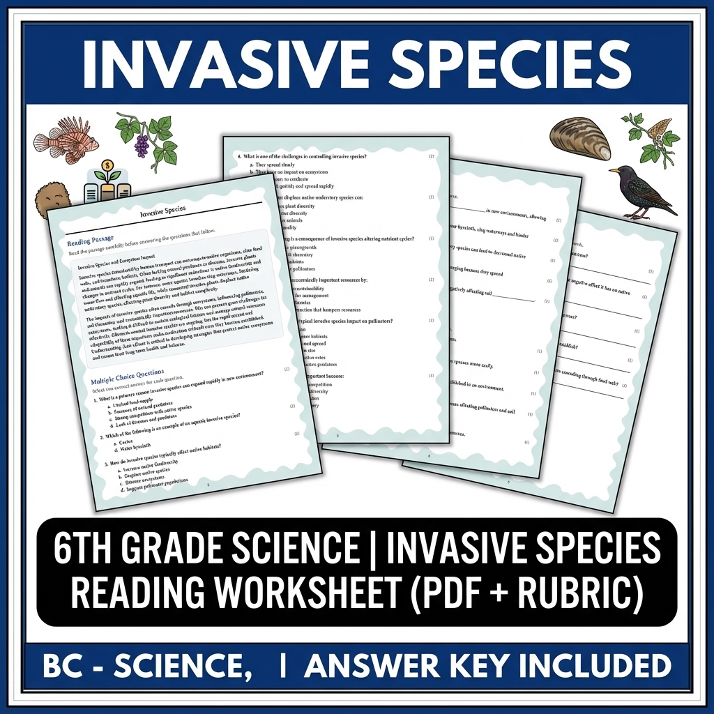 6th Grade Science | Invasive Species Reading Worksheet (PDF + Rubric)