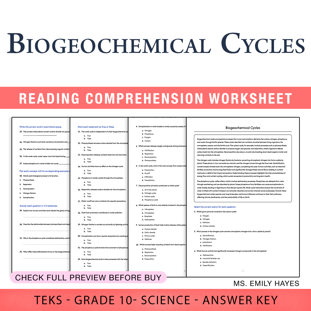 Grade 10 Science worksheet worksheet — Grade 10 Science | Biogeochemical Cycles Worksheet (PDF+ Answer Key) — page 1