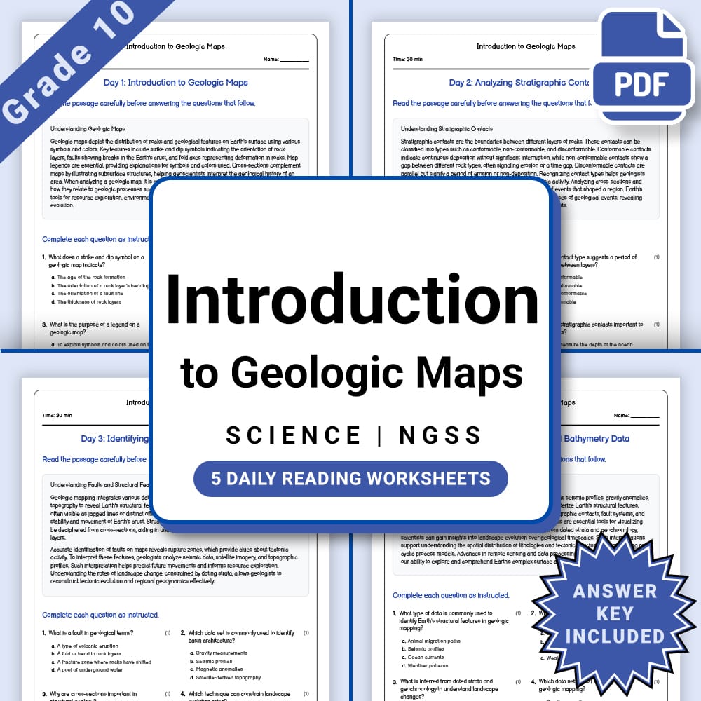 Grade 10 Science daily reading worksheet worksheet — Grade 10 Science – Geologic Maps Worksheet (PDF +Answer Key) — page 1