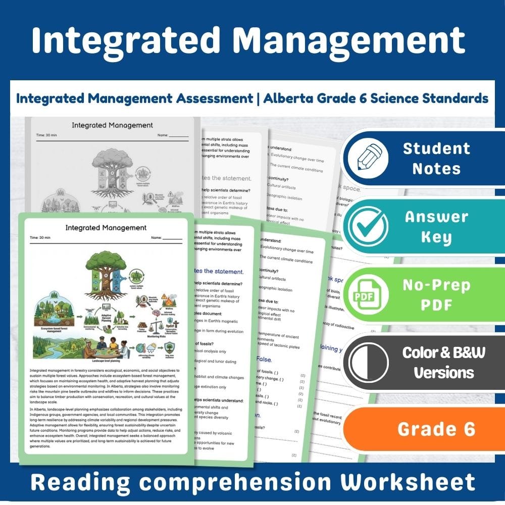 Grade 6 Science assessment worksheet — Integrated Management Assessment | Alberta Grade 6 Science Standards — page 1
