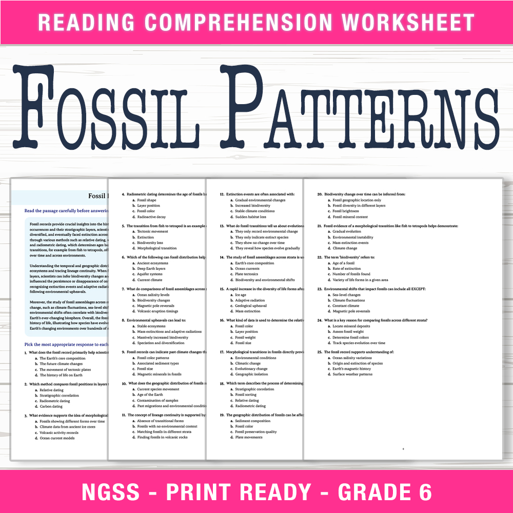 Grade 6 Science worksheet worksheet — 6th Grade Science | Fossil Patterns Worksheet (PDF + Answer Key) — page 1