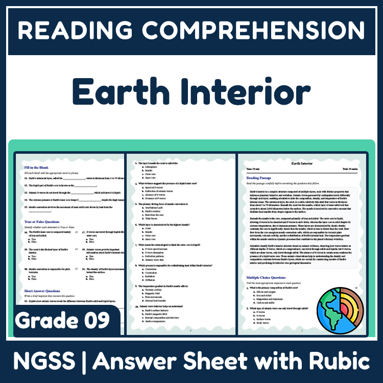 Grade 9 Science reading worksheets worksheet — Grade 9 Science | Earth Interior Reading Worksheet (PDF + Answer Key) — page 1