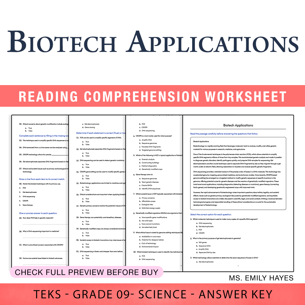 Grade 9 Science worksheet worksheet — 9th Grade Science | Biotech Applications Worksheet (PDF+ Answer Key) — page 1