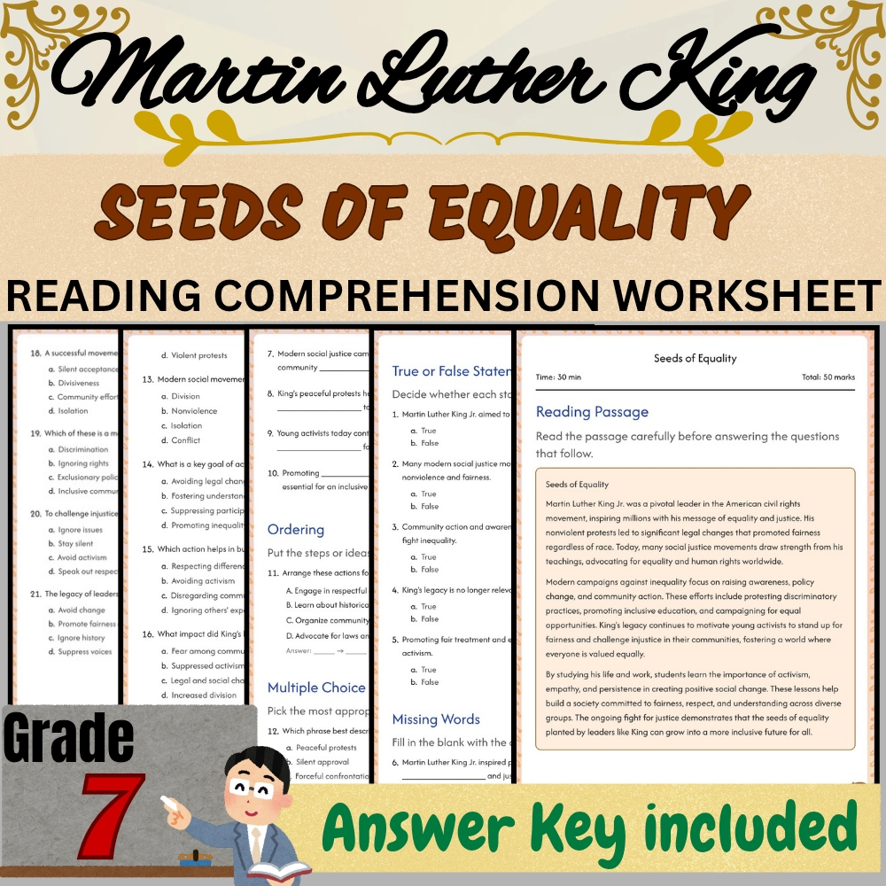 Grade 7 seasonal Martin Luther King|Seeds of Equality Worksheet PDF + Answer Key