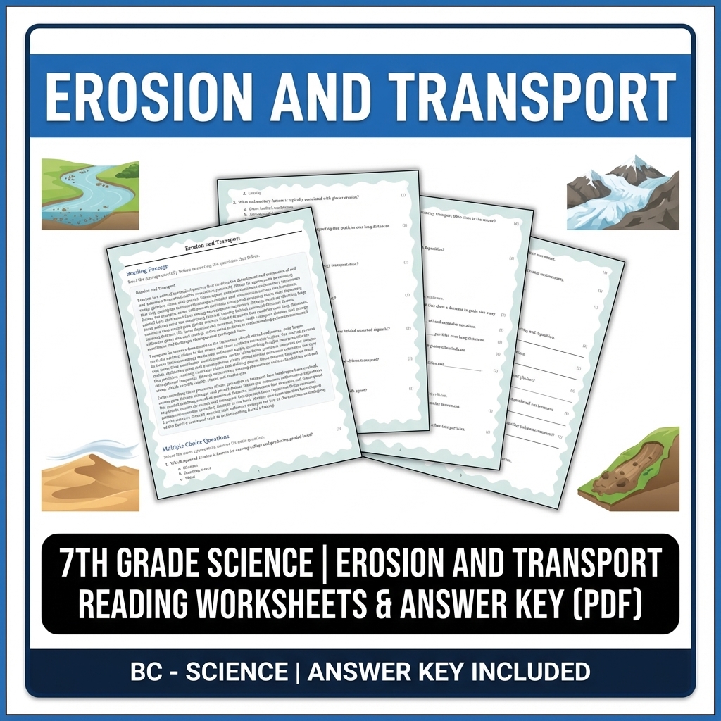7th Grade Science | Erosion and Transport Reading Worksheets & Answer Key (PDF)
