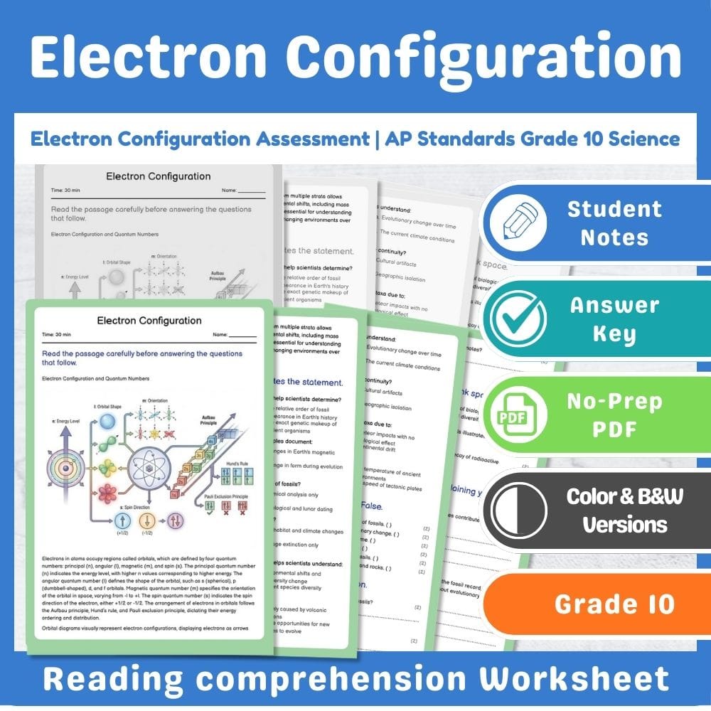 Grade 10 Science assessment worksheet — Electron Configuration Assessment | AP Standards Grade 10 Science — page 1