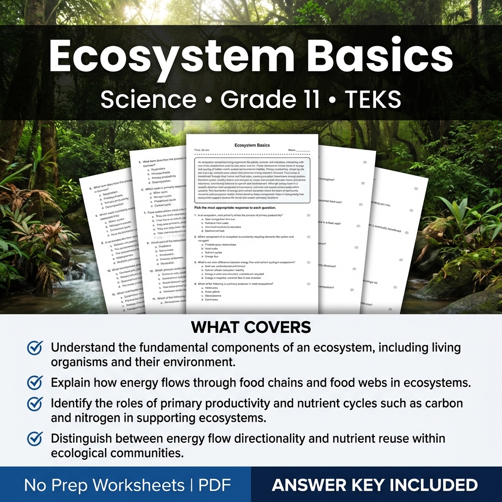 Ecosystem Basics Worksheet for Grade 11 Science | TEKS Aligned