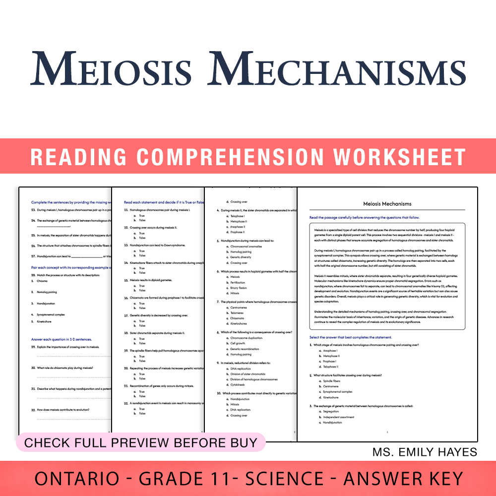 Grade 11 Science worksheet worksheet — Grade 11 Science | Meiosis Mechanisms Worksheet (PDF + Answer Key) — page 1
