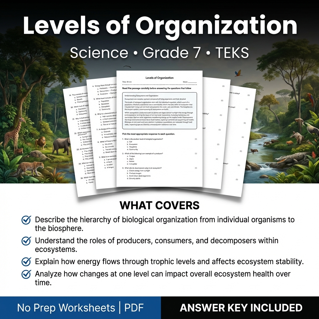 Levels of Organization Worksheet | TEKS Grade 7 Science Practice PDF