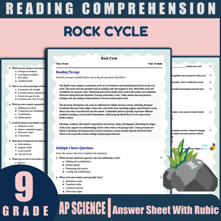 Grade 9 Science reading worksheets worksheet — Grade 9 Science | Rock Cycle Reading Worksheets (PDF + Answer Key) — page 1