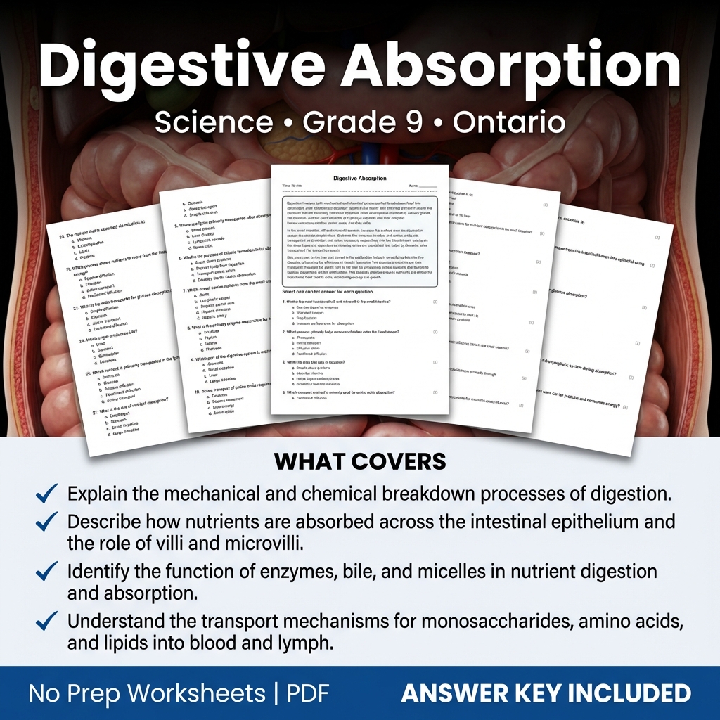 Grade 9 Science Worksheet on Digestive Absorption | Ontario Standards