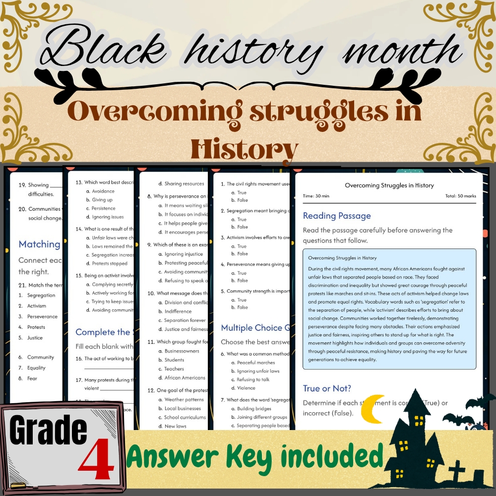 Grade 4Black Friday Worksheet for Overcoming Struggles in History|PDF+Answer Key