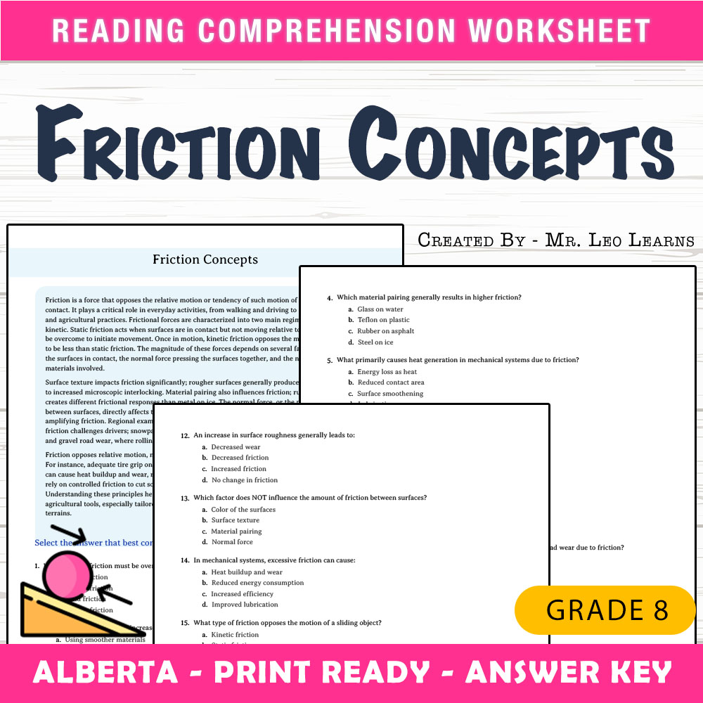 Grade 8 Science worksheet mcq paper worksheet — Grade 8 Science — Friction Concepts Worksheet MCQ Paper for Mastery — page 1