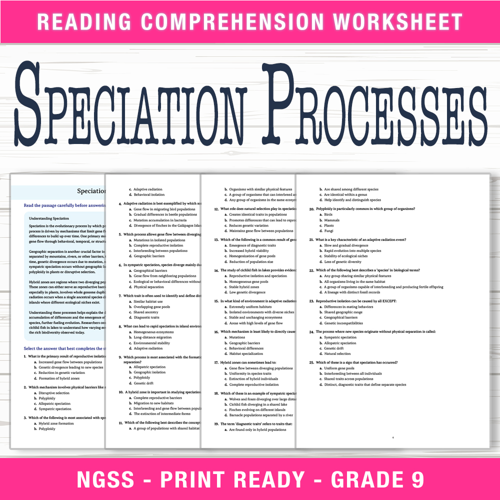 Grade 9 Science worksheet worksheet — Grade 9 Science – Speciation Processes Worksheet (PDF + Answer Key) — page 1