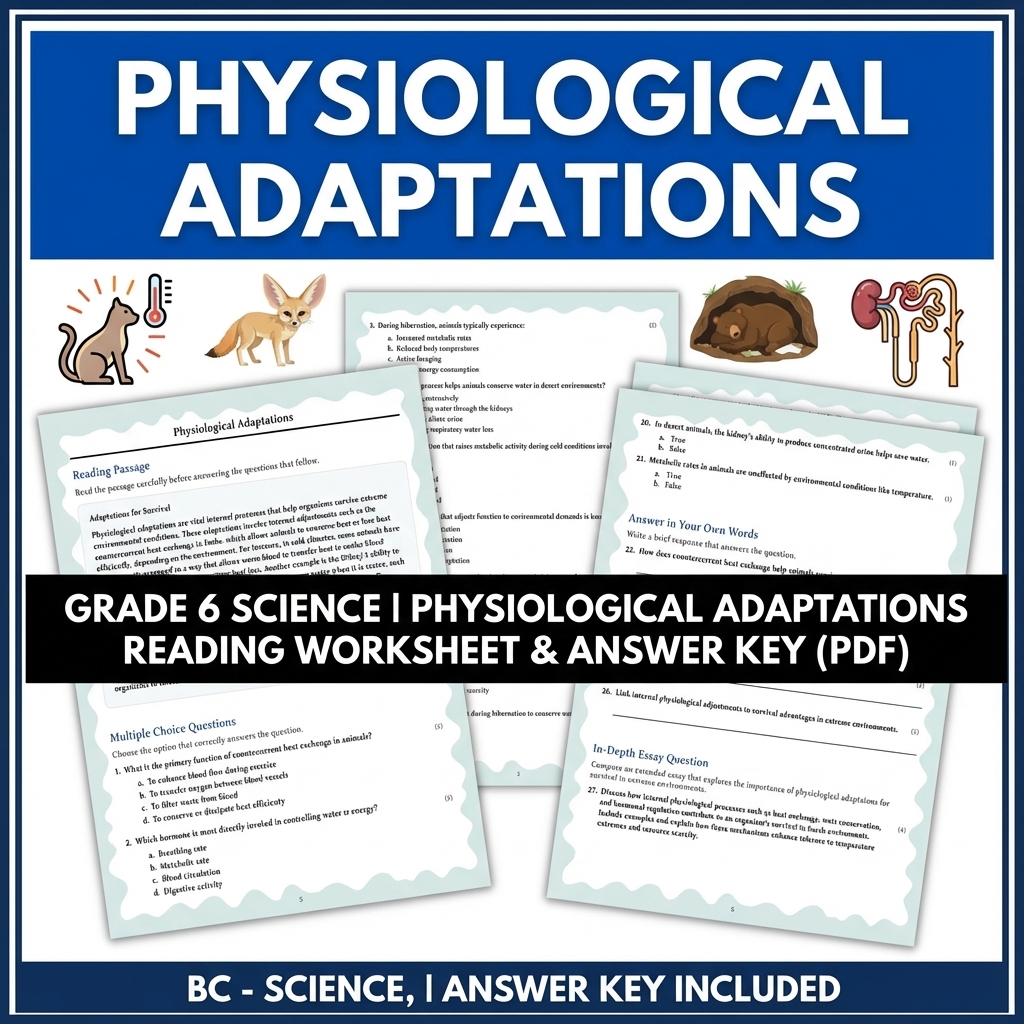 Grade 6 Science | Physiological Adaptations Reading Worksheet & Answer Key (PDF)