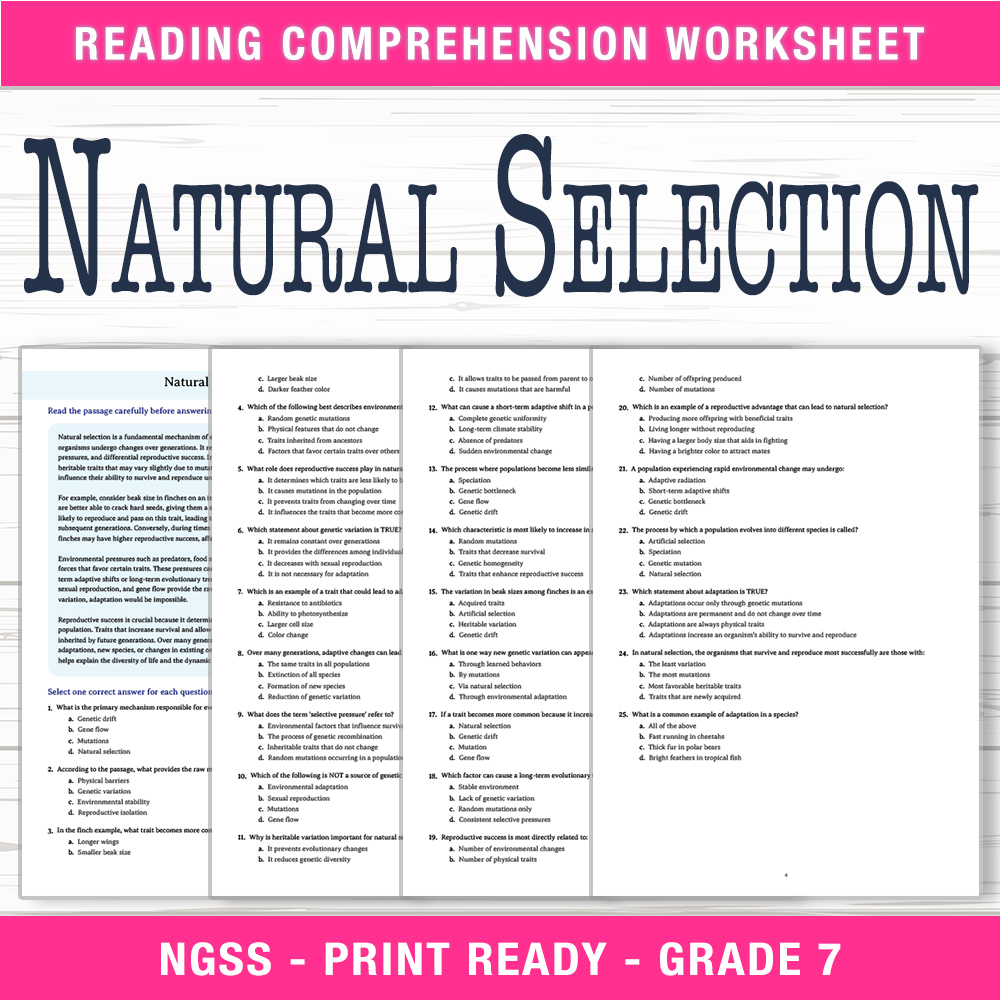 Grade 7 Science worksheet worksheet — Grade 7 Science | Natural Selection Worksheet (PDF + Answer Key) — page 1
